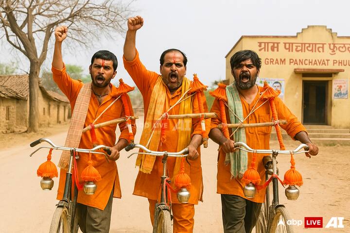 The Phulera trio is back — this time on a spiritual mission. Madhav, Binod, and Bhushan head out on Kanwar Yatra with full devotion and desi swag. (Image Source: ABP LIVE AI)