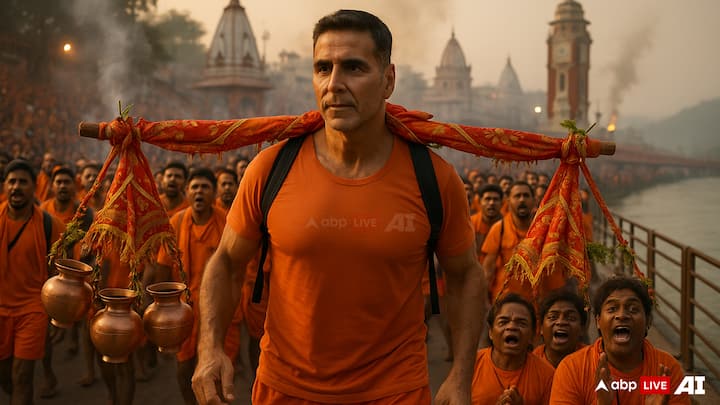 Akshay Kumar joins the Kanwar Yatra. With Kanwar on his shoulders, walking the path of devotion. (Image Source: ABP LIVE AI)