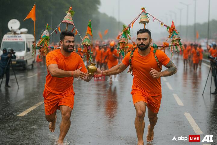 Cricket meets devotion as Rinku Singh and Virat Kohli sprint ahead with Kanwar on their shoulders. (Image Source: ABP LIVE AI)