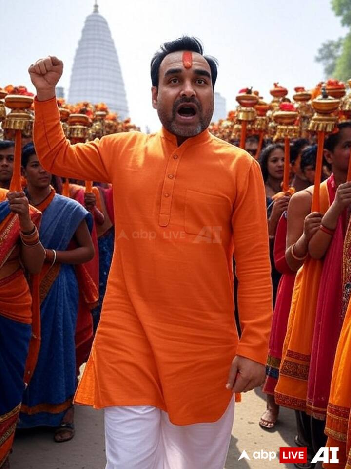 Pankaj Tripathi joins the Kanwar Yatra in saffron attire, forehead tilak shining, chanting 'Bol Bum' with full devotion. (Image Source: ABP LIVE AI)