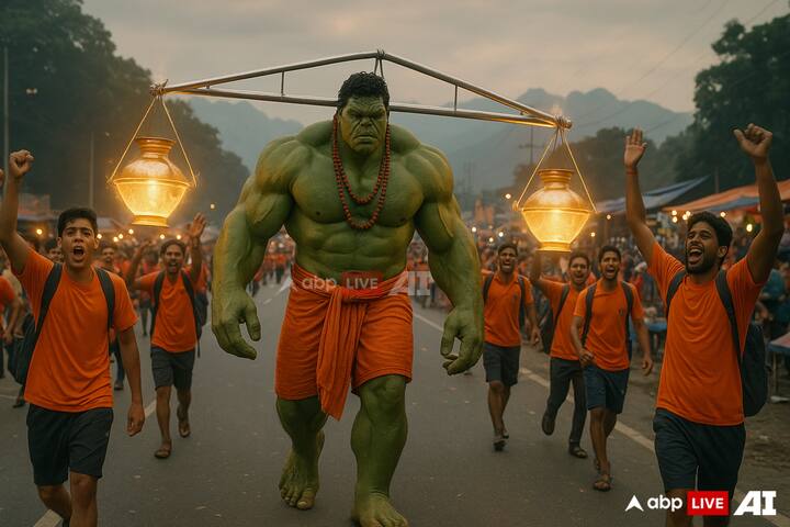 Hulk takes a break from battles to walk with Kanwariyas in devotion. (Image Source: ABP LIVE AI)