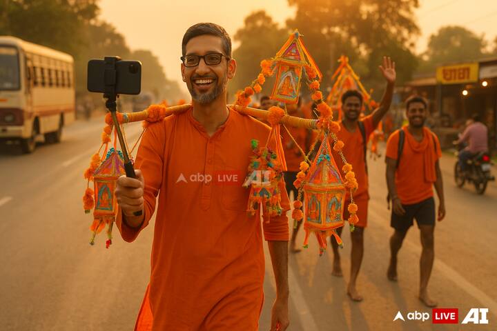Tech meets tradition! Sundar Pichai goes full desi mode, vlogging his spiritual journey on the Kanwar Yatra. (Image Source: ABP LIVE AI)