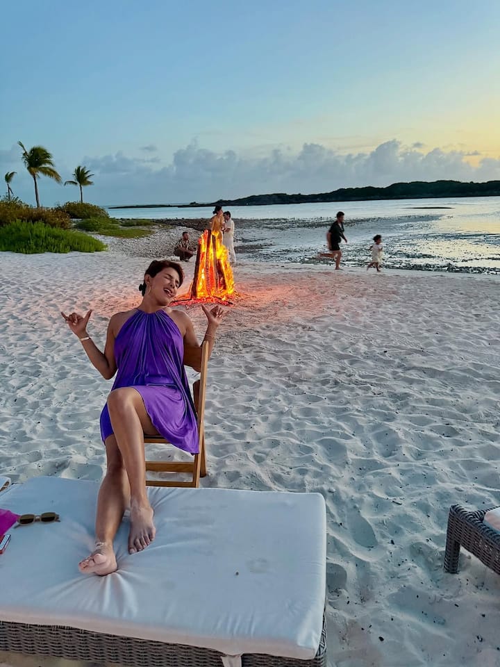 One image showed Priyanka seated on a beach chair while Nick was seen running after Malti in the background.
