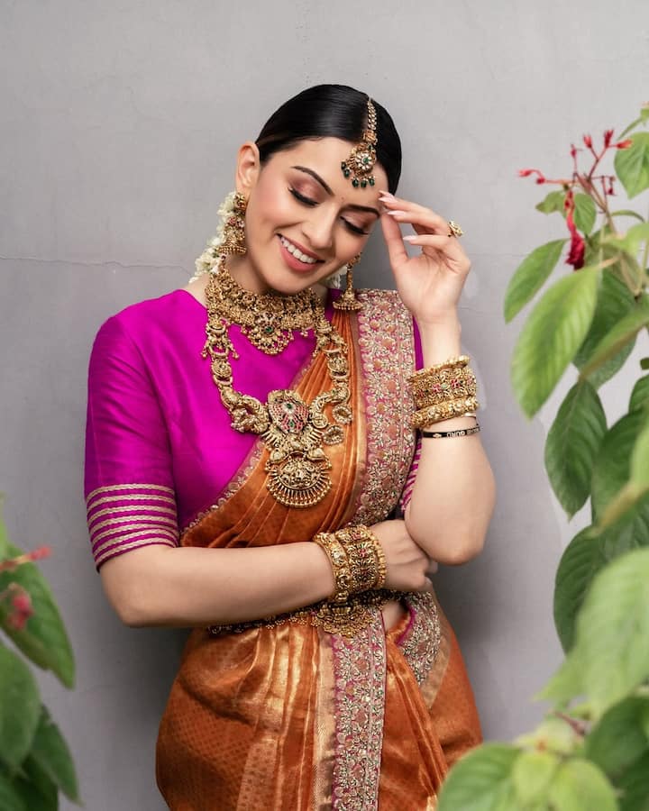 Hansika looks very gorgeous in this Kanjeevaram saree, famous of South. These traditional jewelery with saree are also very good.