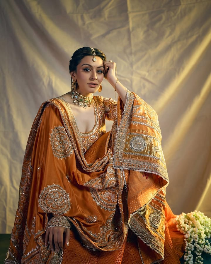 Hansika's Mustard Yellow color is very beautiful in heavy embroidery. In this outfit, she is not feeling less than any royal queen.