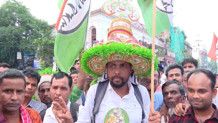 মাথায় লক্ষ্মীর ঝাঁপি নিয়ে ধর্মতলায় ঘুরছেন তৃণমূল কর্মী। মমতা বন্দ্যোপাধ্যায়ের উন্নয়নমূলক প্রকল্পকে তুলে ধরতেই এই উদ্যোগ।