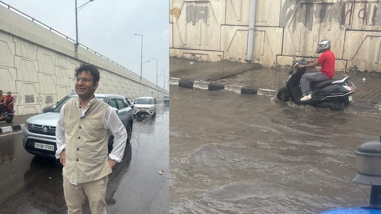 BJP MLA Ravindra Negi visits Patparganj area on a tractor for waterlogging issue ANN पटपड़गंज में जलभराव के बीच ट्रैक्टर पर बैठकर पहुंचे बीजेपी MLA रविंद्र नेगी, किया ये बड़ा दावा
