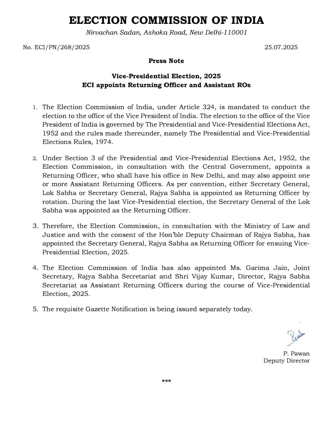 Vice President Election: ఉపరాష్ట్రపతి ఎన్నిక ప్రక్రియ ప్రారంభం, రిటర్నింగ్ అధికారిని నియమించిన ఈసీ