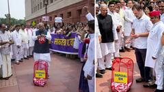 सलग पाचव्या दिवशी बिहार व्होटर व्हेरिफिकेशनवरून इंडिया आघाडीचा एल्गार; संसदेच्या प्रांगणात यादीची चिरफाड करत केराची टोपली दाखवली