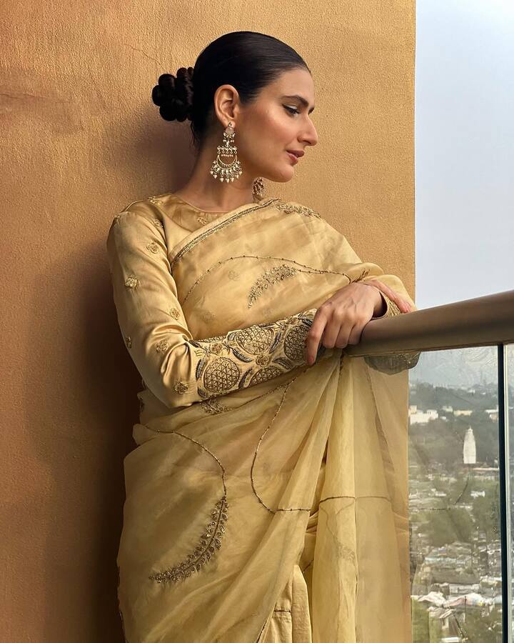 फातिमा सना शेख का फुल स्लीव्स ब्लाउज़ डिजाइन- फुल हैंड ब्लाउज डिजाइन हमेशा रॉयल और ग्रेसफुल लगता है. अगर आप साड़ी के साथ एक एलीगेंट और थोड़ी क्लासिक वाइब चाहती हैं, तो ये डिजाइन परफेक्ट है. इसे आप सिंपल जूलरी के साथ पहन सकती हैं.