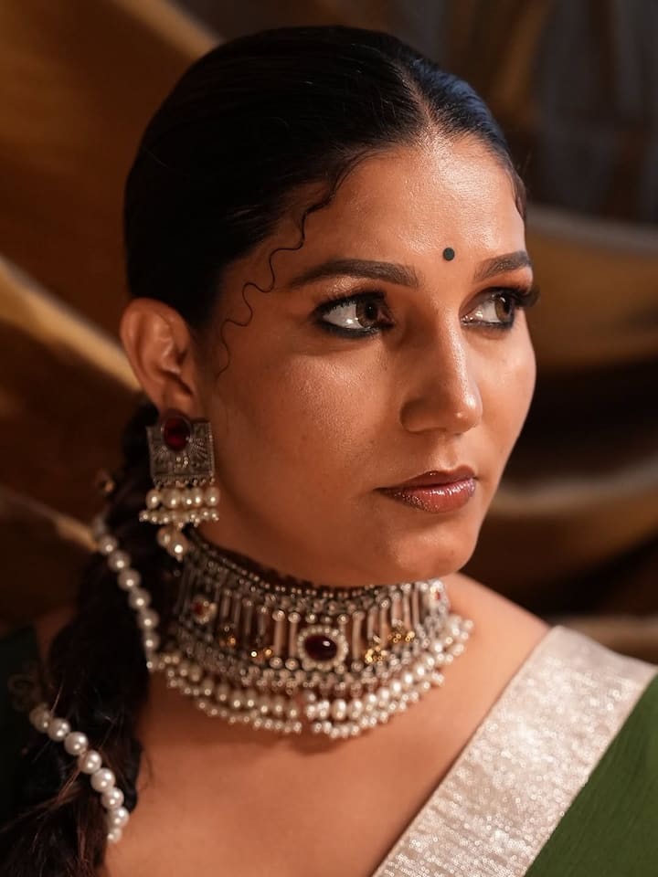 हरियाणवी डांसर ने गले में पर्ल का हेवी नेकपीस कैरी किया था और इसके साथ हेवी इयरिंग्स भी पहना था. माथे पर बिंदी लगाए और अपने आंखों को काजल से सजा कर वो बला की खूबसूरत लग रही हैं.