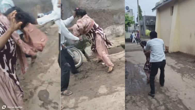 भर रस्त्यात महिलेला तिघांकडून बेदम मारहाण, केस धरून  लाथा बुक्क्यांचा मारा, VIDEO व्हायरल