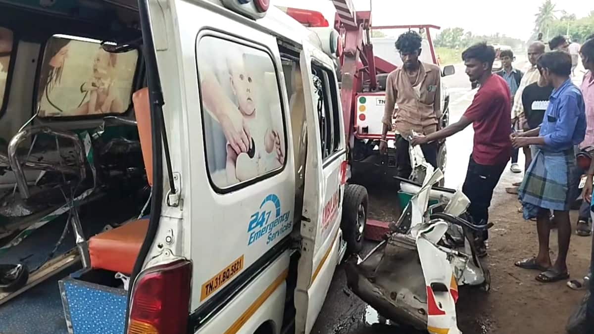 ஆம்புலன்ஸ் மீது மோதிய லாரி..நோயாளி பரிதாப பலி..! மயிலாடுதுறை அருகே சோக சம்பவம்