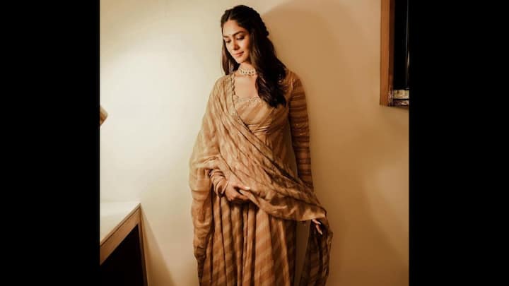 8. Regal Brown Toned Anarkali: Mrunal Thakur truly embodies timeless grace in this opulent brown-toned Anarkali. The rich fabric, subtle stripe detailing, and full-sleeved silhouette exuded an understated grandeur that's perfect for a family gathering. The matching dupatta draped elegantly added to the traditional charm, while the delicate choker necklace kept the look refined and sophisticated. It's an ideal choice for those who want to make a regal statement without being overly flashy. (Image Source: Pinterest/HelloMoonlight_)