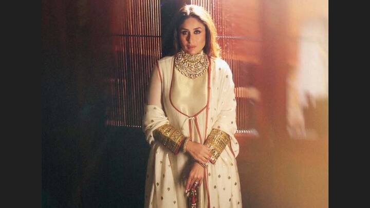 Kareena Kapoor's rust-coloured piping and tassel kurta in ivory cotton-silk embody understated elegance. She teamed it with an inner shirt that is a tissue print shade match with gota work on the sleeves, making it a regal festive choice. (Image Source: Instagram/ iqbalhussainofficial)