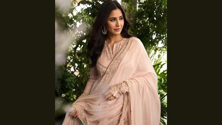 Katrina Kaif glowed in this pastel pink kurta with gold vine embroidery and sequin detailing. The front-slit design, coordinating pants, and embroidered net dupatta make it a great choice for a soft celebratory look. (Image Source: Instagram/ katrinakaif)