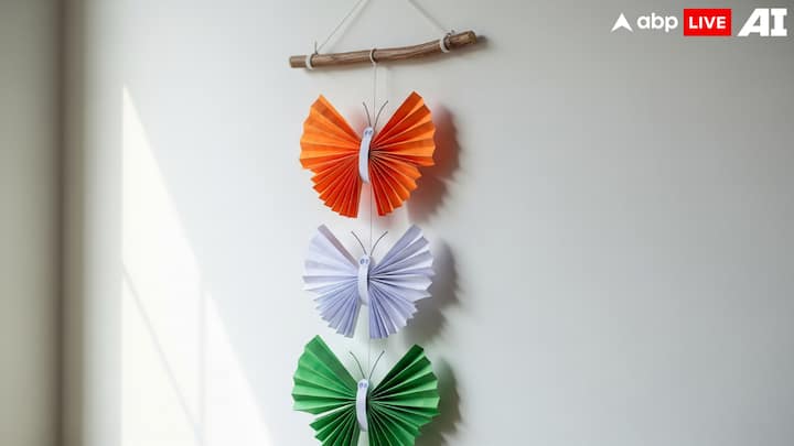 மூவர்ண பட்டாம்பூச்சி சுவர் அலங்காரம்  குழந்தைகள் மடித்த காகித விசிறிகளை வைத்து அழகான பட்டாம்பூச்சிகளை செய்யலாம். இந்தியக் கொடியின் மூன்று நிறங்களில் (ஆரஞ்சு, வெள்ளை, பச்சை) விசிறிகளை ஒன்றுசேர்த்து பட்டாம்பூச்சி வடிவம் கொடுக்கவும். பின்னர், அந்த பட்டாம்பூச்சிகளை நூலால் செங்குத்தாக இணைத்து, ஒரு குச்சியில் அல்லது ஹேங்கரில் தொங்கவிடலாம்.  இது எந்த அறைக்கும் நிறமும் அழகும் சேர்க்கும். பட்டாம்பூச்சி சுதந்திரம், மாற்றம், அழகு என்பவற்றைக் குறிக்கும். இதனால், சுதந்திர தினத்திற்கான அலங்காரத்திற்கு இது சிறப்பு அர்த்தம் தரும். இந்த வேலை குழந்தைகளுக்கு மடிப்பு, ஒட்டுதல், வரிசையில் அமைத்தல் போன்றவற்றைப் பயிற்சி செய்ய உதவும்.