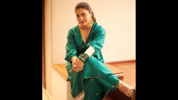 5. ⁠Green Anarkali Look: This green Anarkali suit is a fantastic choice for anyone seeking a festive look. The beautiful Anarkali featured a flattering V-neckline with delicate gold embroidery that added a touch of festive sparkle. The flowing silhouette with three-quarter balloon sleeves made is a comfortable option for everyone. Paired with simple trousers, this look is a master class in understated elegance. The actress elevated her outfit with gold statement earrings and green bangles. It’s a timeless choice that will make anyone stylish. (Image Source: Instagram/@kajol)