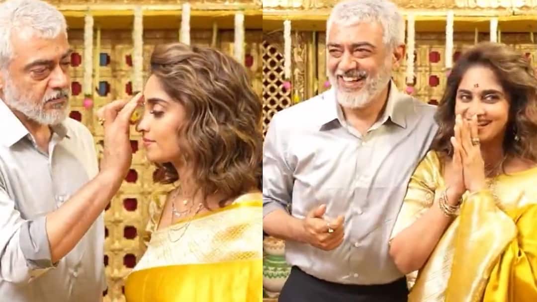 Actor ajithkumar shalini couple special varalaxmi pooja cute video viral அஜித் சொன்னதை கேட்டு வெட்கப்பட்ட ஷாலினி.. பொசுக்குன்னு உண்மையை சொல்லிட்டாரே.. க்யூட் வீடியோ!
