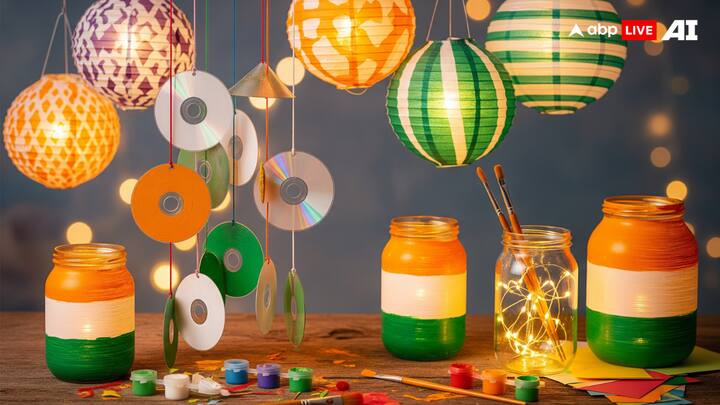 CD Wind Chimes & Lanterns: Give old CDs a second life by painting them in flag colours and stringing them into eye-catching wind chimes. For warm evening decor, craft lanterns from coloured paper or paint glass jars in the tricolour. (Image Source: ABP LIVE AI)