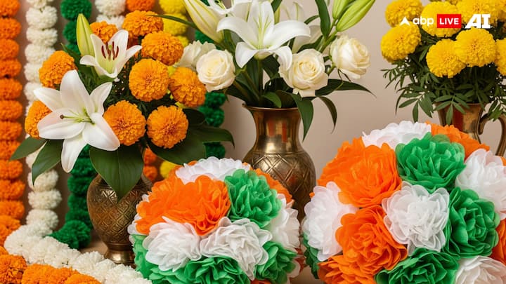 Flower Bouquets: Combine flowers like marigolds for the saffron colour, lilies or roses for white, and fresh green leaves to craft beautiful bouquets, vases, or garlands. For a creative twist, use tissue paper flowers to replicate the tricolour effect. (Image Source: ABP LIVE AI)