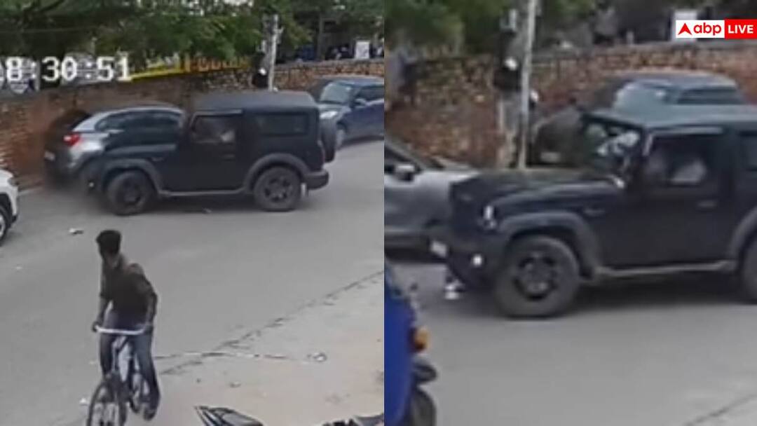 High speed Thar lost control on a turn collided with Baleno and wall  Viral Video Video: तेज रफ्तार थार ने खड़ी कार में मारी जोरदार टक्कर, दीवार भी ढह गई, वीडियो वायरल