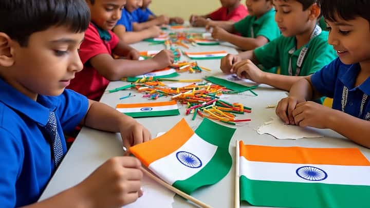 7. झेंडा तयार करण्याचा उपक्रम लहान मुलांना झेंड्याचं महत्त्व समजावं यासाठी क्राफ्ट पेपर, रंग, आणि चिकटवण्याचं साहित्य देऊन त्यांनी स्वतःचा तिरंगा तयार करावा. त्याचबरोबर घरातल्या वस्तूंमधून झेंडा तयार करण्याचं आव्हानही द्या – याने त्यांच्या कल्पकतेला चालना मिळेल.