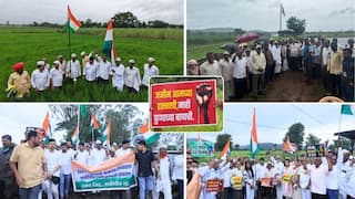 तिरंगा झळकतोय आमच्या शिवारात, शक्तिपीठ नको आमच्या वावरात! जमीन आमच्या हक्काची, नाही कुणाच्या बापाची; कोल्हापूर जिल्ह्यात अभिनव आंदोलन