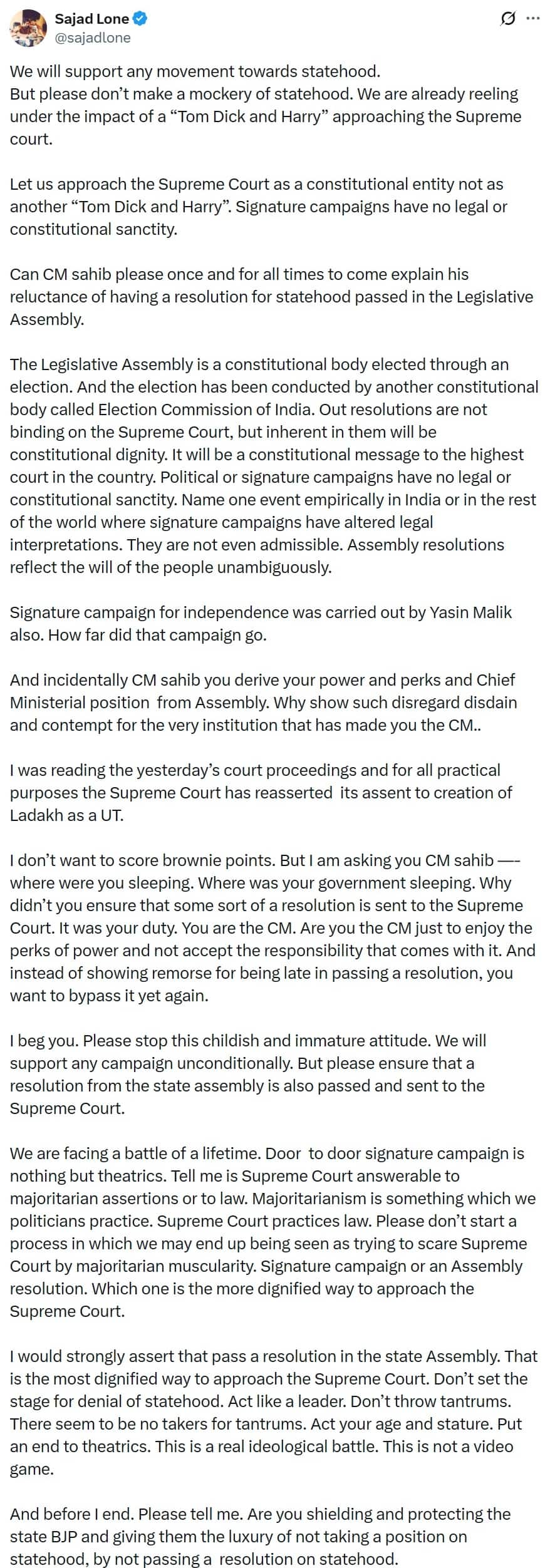 Sajjad Lone said on the signature campaign of CM Umar Abdullah for the statehood, 'This child ...
