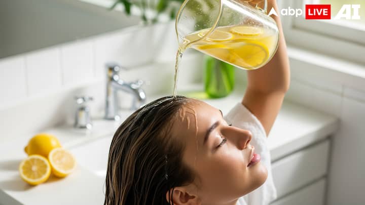 1. Lemon Juice Rinse: Lemon juice works as a natural antifungal and helps balance the scalp's pH. It is highly acidic which helps in reducing excess oil and keeps dandruff-causing fungus in check. Simply dilute the fresh lemon juice with water and rinse your scalp after shampooing. Doing this twice a week not only removes flakes but also refreshes your scalp. Regular use helps in keeping the scalp clean and reduces itching. It helps in giving your hair a natural shine. (Image Source: ABPLIVE AI)