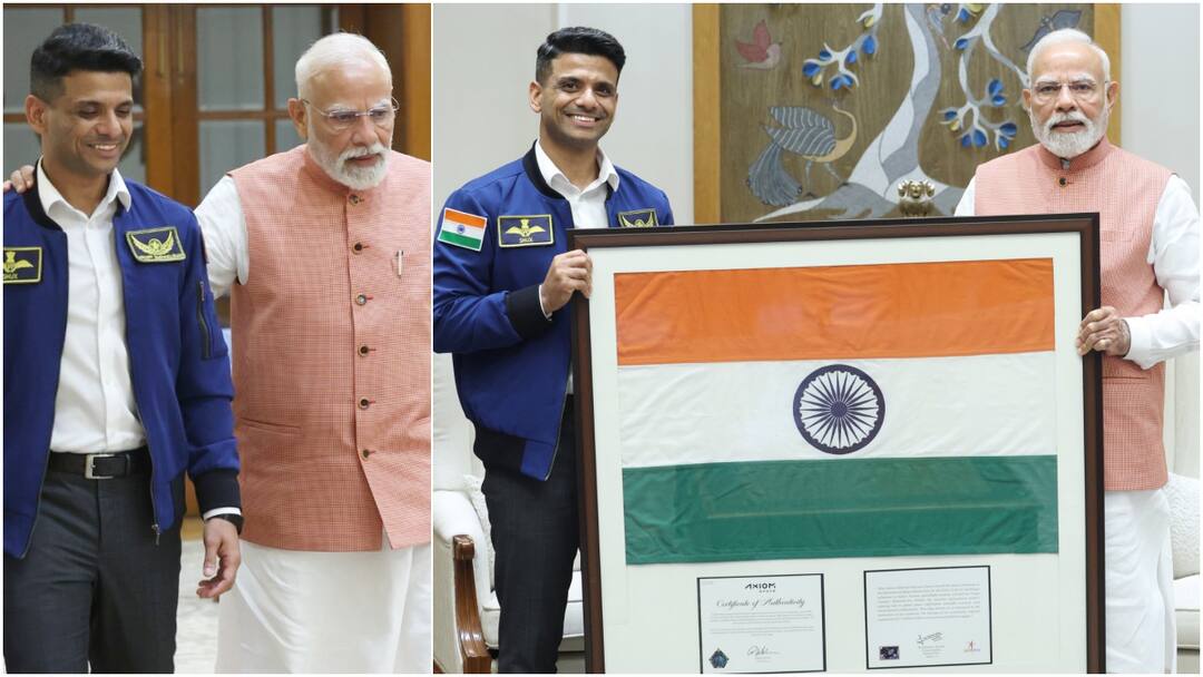 PM Modi Hosts Shubhanshu Shukla In Delhi, Receives Tri-Colour That Travelled To Space — WATCH PM Modi Meets Shubhanshu Shukla In Delhi After His Historic ISS Mission Axiom 4 Space Watch Video PM Modi Hosts Shubhanshu Shukla In Delhi, Receives Tri-Colour That Travelled To Space — WATCH