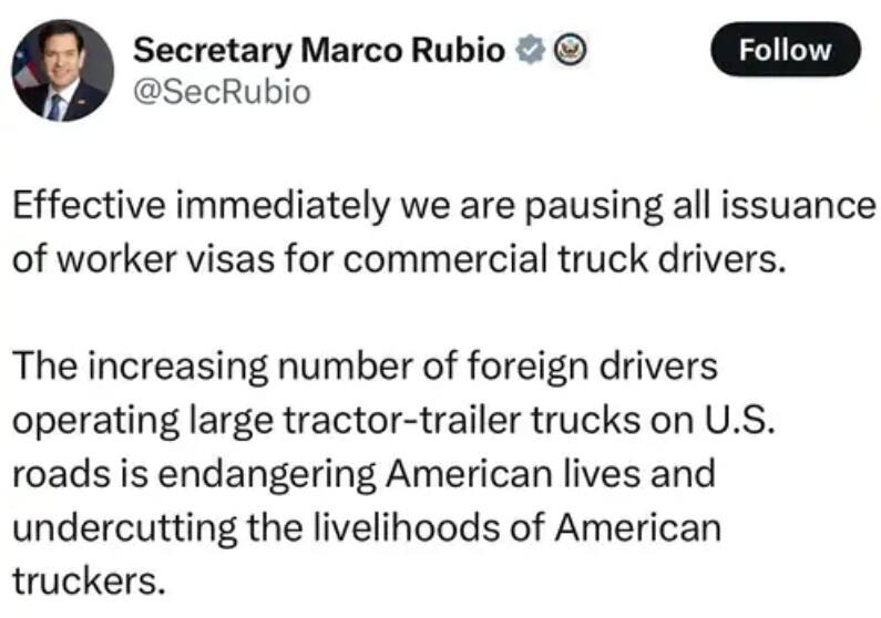 ਅਮਰੀਕਾ ਤੋਂ ਪੰਜਾਬੀਆਂ ਨੂੰ ਵੱਡਾ ਝਟਕਾ! ਵਪਾਰਕ ਟਰੱਕ ਚਾਲਕਾਂ ਦਾ ਵਰਕ ਵੀਜ਼ਾ ਰੋਕਿਆ; ਵਜ੍ਹਾ ਹੈਰਾਨ ਕਰਨ ਵਾਲੀ