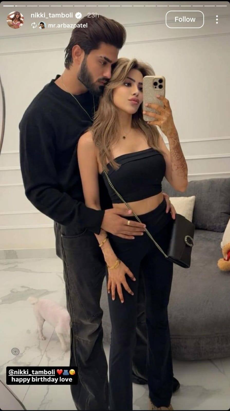 Nikki's boyfriend Arbaaz has wished Nikki Tamboli while sharing his picture with him on Instagram story. Sharing the picture, he wrote, 'Happy Birthday Love'.