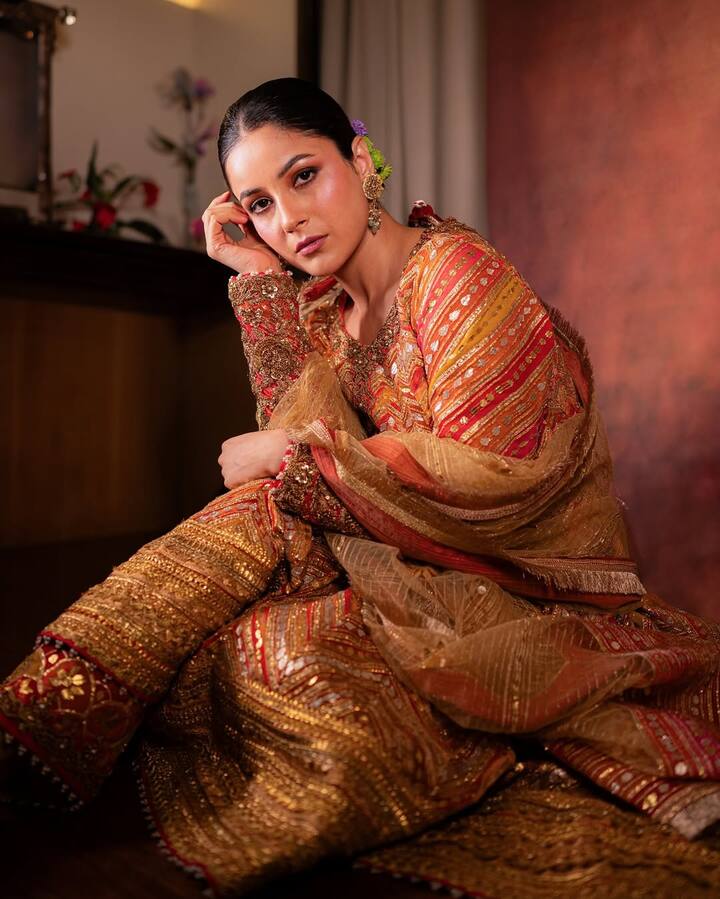 In this look, Shahnaz is seen in an ethnic look. He is wearing golden and red huge embroidered ethnic outfits. There are matching scarf and earrings with Kurta. Hair has been tied back and natural makeup is completing this look.