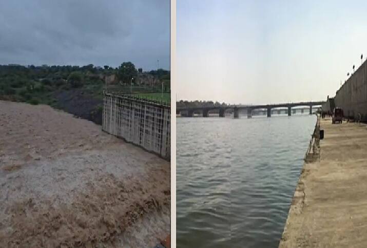 ઉપરવાસમાં ભારે વરસાદ સંત સરોવરના તમામ 21 દરવાજા ખોલાયા, પાણી નદીમાં છોડાતા સાબરમતી બે કાંઠે થઇ sabarmati river is full water due to opens 21 gate of san sarovar near gandhinagar because of north gujarat and rajasthan Ahmedabad Rain ઉપરવાસમાં ભારે વરસાદ સંત સરોવરના તમામ 21 દરવાજા ખોલાયા, પાણી નદીમાં છોડાતા સાબરમતી બે કાંઠે થઇ