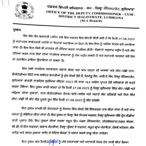 ਜ਼ਿਲ੍ਹਾ ਪ੍ਰਸ਼ਾਸਨ ਦੇ ਸਖ਼ਤ ਹੁਕਮ! ਇਸ ਵਜ੍ਹਾ ਕਰਕੇ 27 ਅਗਸਤ ਨੂੰ ਮਾਸ, ਮੱਛੀ ਅਤੇ ਅੰਡਿਆਂ ਦੀਆਂ ਦੁਕਾਨਾਂ ਬੰਦ, ਨਾਨ-ਵੈੱਜ ਵਾਲਿਆਂ 'ਚ ਮੱਚੀ ਹਲਚਲ