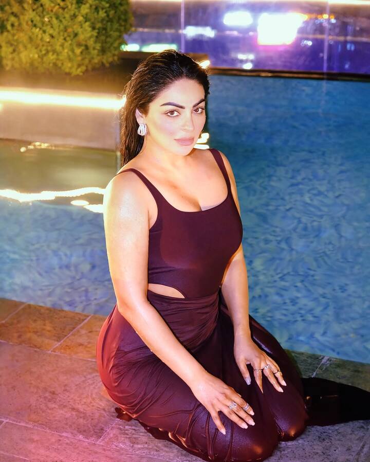 In this picture, actress is seen in wine colored bodycon dress. Open hair and his confident poses are making his entire look even more glamorous and attractive.