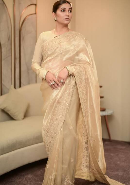 In this beige color saree, Sapna looks quite elegant and beautiful. It is difficult to remove eyes from this picture of him.