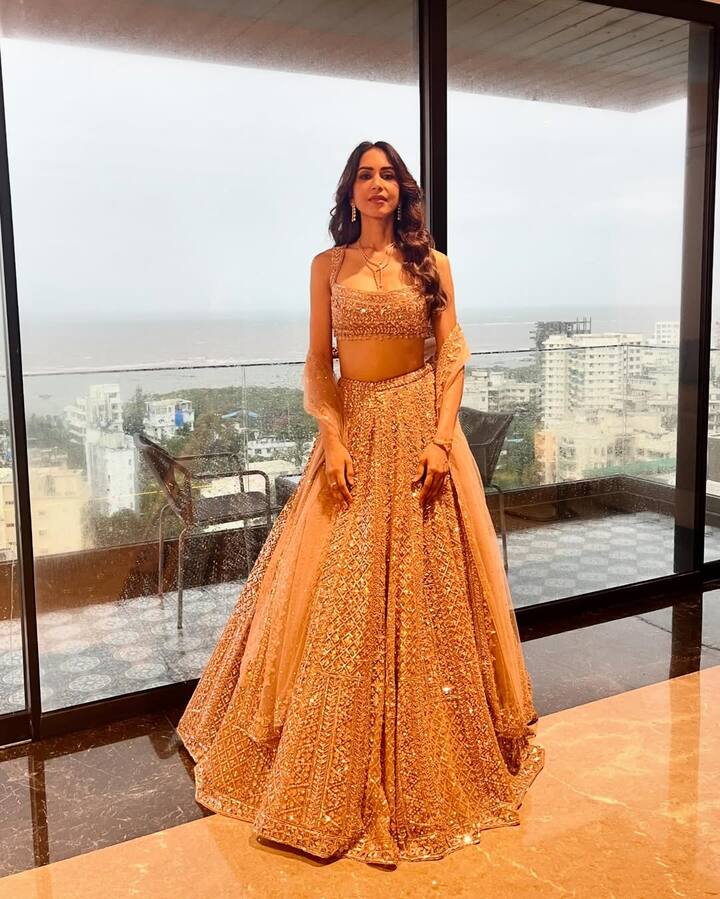 इस गोल्डन लहंगे में प्रिया बेहद सुंदर लग रहीं हैं, उन्होंने सिंपल ज्वैलरी और कर्ली हेयर के साथ इस लुक को और भी एलिगेंट बनाया.