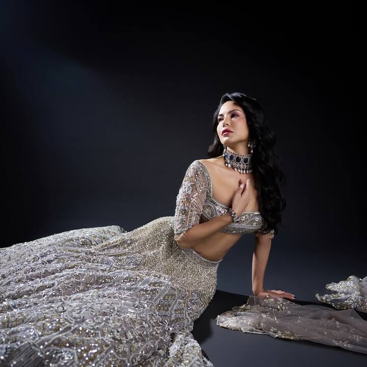 इस लुक में सनी लियोनी ने हैवी एम्ब्रॉइडरी वाला सिल्वर लहंगा पहना है, जिसे स्टेटमेंट ज्वेलरी और ओपन हेयर के साथ स्टाइल किया है. उनका यह लुक एकदम ट्रेडिशनल वाइब दे रहा है.