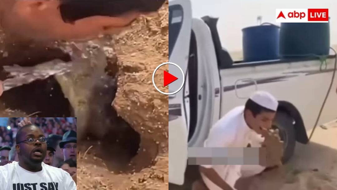 Man caught the monitor lizard with his mouth and pulled it out of the burrow video goes viral शिकारी खुद हो गया शिकार! मॉनिटर लिजार्ड को मुंह से पकड़ बिल से खींच लाया शख्स- वीडियो वायरल