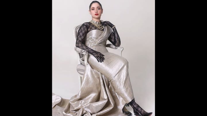 5. Tamannaah Bhatia: Tamannaah Bhatia: This stunning outfit worn by Tamannaah Bhatia, merges the elegance of a saree with the structure of a gown, making it an ideal pick for contemporary ethnic wear lovers. The highlight is the delicate noir lace bodysuit with floral embroidery, which adds drama and sophistication, turning the saree into a statement look. Tamannaah styled it with layered uncut diamond jewellery, keeping the accessories regal yet minimal to balance the shimmer of her attire. (Image Source: Instagram/@manishmalhotraworld)