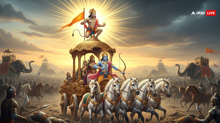कहा जाता है कि जब पांडव वनवास में थे, हनुमान जी की भीम से भेंट हुई और उन्हें महायुद्ध की झलक दिखाई. हनुमान जी ने अर्जुन को यह भी वचन दिया के वे उनके रथ की ध्वजा पर बैठकर कुरुक्षेत्र के युद्ध में उनकी रक्षा करेंगे.