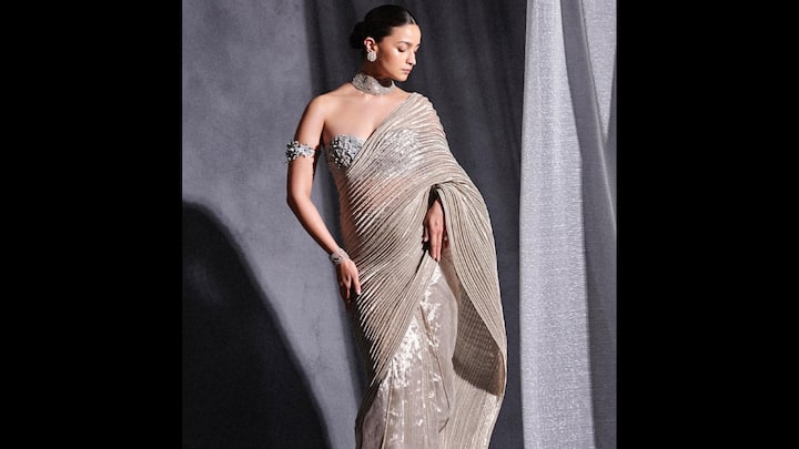 4. Alia Bhatt: Alia looked gorgeous in a shimmering metallic pleated saree. What made this saree stand out was its structured draping with fluid pleats, blending the grace of a traditional saree with the edginess of futuristic couture. Alia paired the saree with an embellished off-shoulder corset blouse, featuring crystal details and delicate floral motifs. The addition of bold diamond jewellery and a sleek bun completed her look, giving off a perfect mix of red-carpet glamour and desi elegance. (Image Source: Instagram/@rheakapoor)