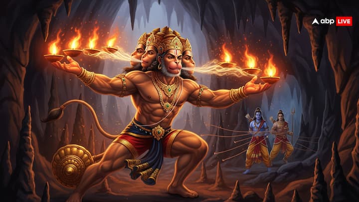 जब पाताल लोक के मायावी राक्षस अहिरावण ने श्री राम और लक्ष्मण का अपहरण किया, तो हनुमान जी उन्हें बचाने के लिए पाताल लोग में गए. लेकिन अहिरावण की प्राणशक्तियां पांचों दिशाओं में जलते हुए पांच अलग-अलग दीपकों में थी. उन सभी को एक साथ बुझाने के लिए हनुमान जी ने पंचमुखी रूप धारण किया.