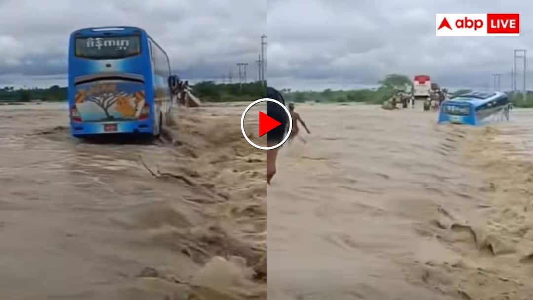 Driver drove the bus on bridge filled with water and the bus got swept away into the river video goes viral पुलिया पर था भयंकर पानी, ड्राइवर ने जहाज बना दी बस! वीडियो देख यूजर्स बोले- आ गया स्वाद