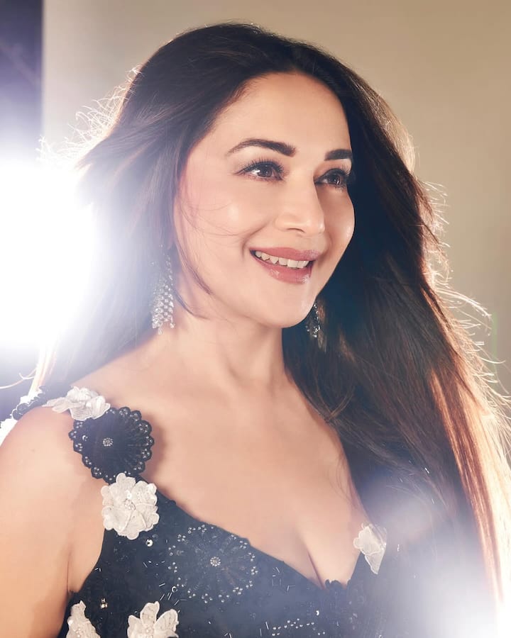 In this look, Madhuri's blouse deep sweetheart is with the neckline, in which floral 3D embroidery work has been done. There is a combination of black and white flowers on the black blouse. This blouse is the perfect inspiration for party and glamorous occasions.