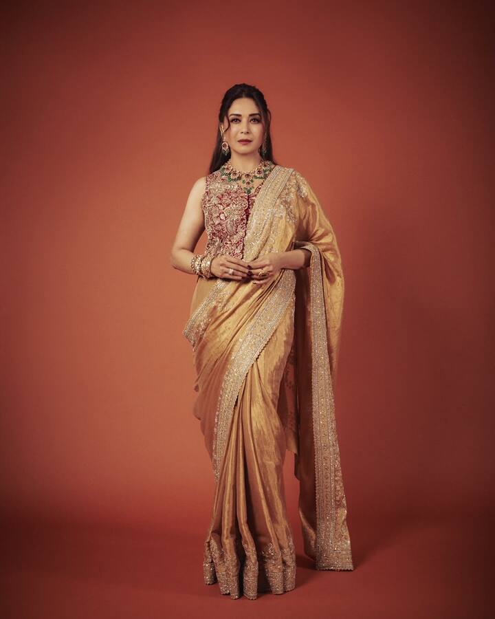 It is a high-neck, sleeveless blouse in which the entire front is covered with heavy embroidery work. Its design is so rich and detailed that this blouse itself becomes a statement piece. If you wear such blouse with a plane or light work saree, then look and look. This blouse is giving a corset look.