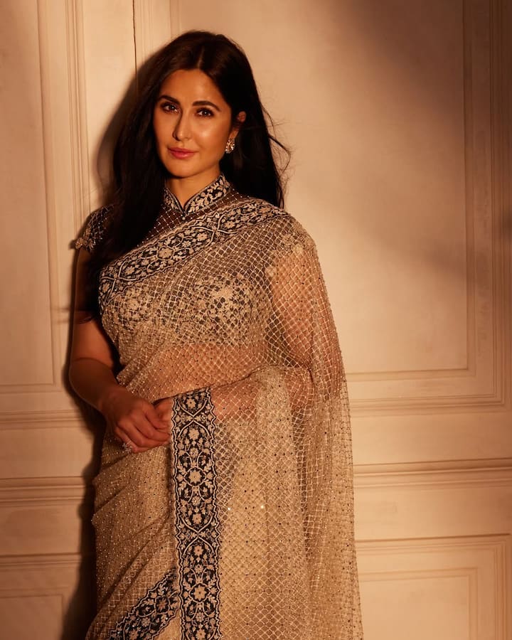 In this picture, Katrina is seen giving a suncified look in a very elegant style. She is wearing a golden net saree, with a light glow and a black border design. There is also a fine embroidery work on matching blouse. Straight hair is making his look natural. She completed this look of Katrina with light makeup, nude lips and stylish earrings in the ears.