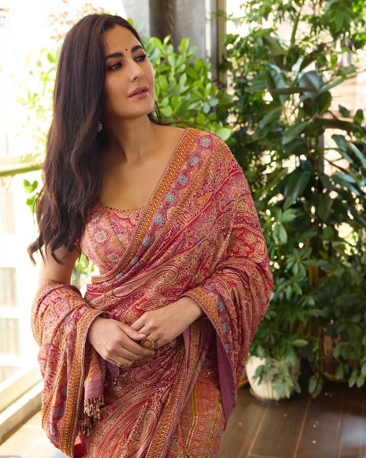 In this picture, Katrina is seen in a traditional style. She is wearing a red and golden designed printed saree, with a fine pattern and bright border. Open hair, light makeup and small dot on forehead are making her look more ethnic.